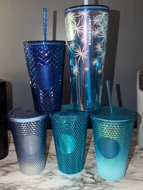 5 Starbucks blue tumblers
